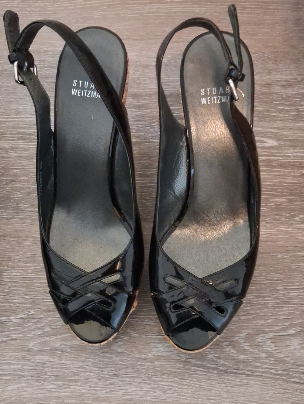 Stuart Weitzman Black Patent Leather Peep-Toe Slingback Heels
